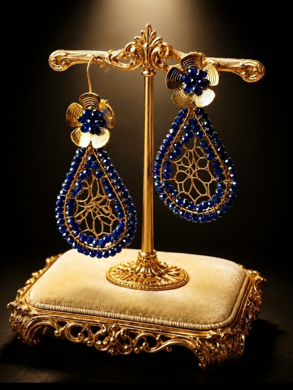 Dream Catcher Iridescent Dark Blue Faceted Glass Beads Flowers Pierced Earrings